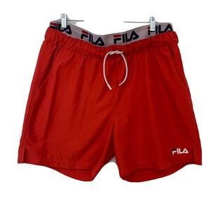 Fila Swim Trunks Men 1X Red Spell Out  Pockets Drawstring  Brief 5" Y2K Retro